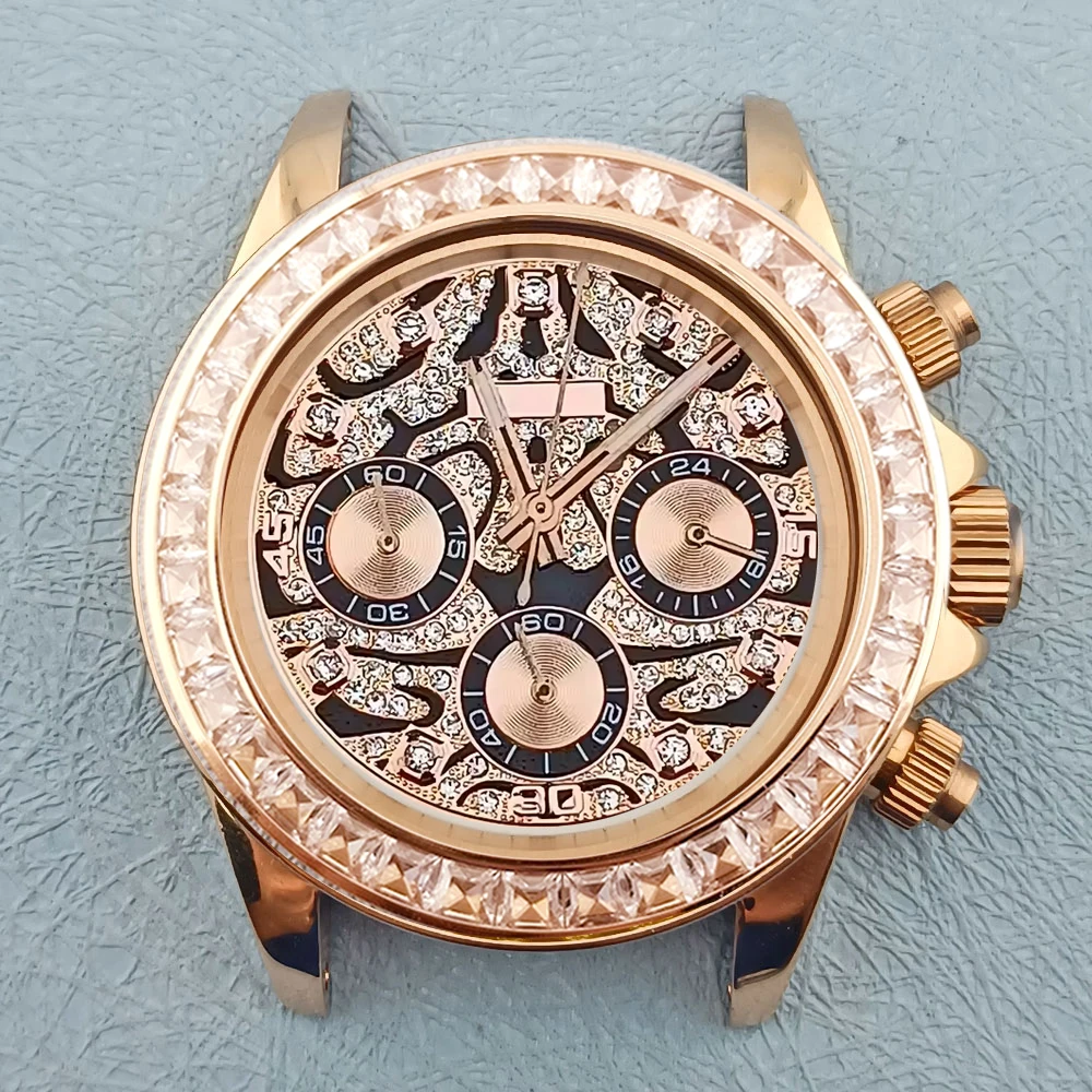 

Vk63 movement watch case 316L stainless steel sapphire glass 5BAR waterproof silver rose gold 40mm diamond bezel case 1