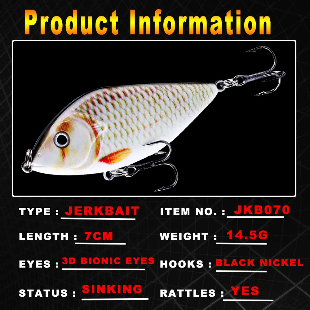 AYWFISH Jerk Sinking Fishing Jerkbait Baby Predator Slider Lures VIB Hard Crankbait Wobbler 7CM 14.5G Pike Musky Killer Tackle