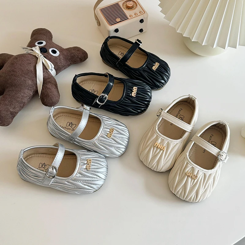 2024 Spring Autumn New Girl Small PU Leather Shoes Baby Soft-soled Round Toe Loafer One-Foot Casual Flats