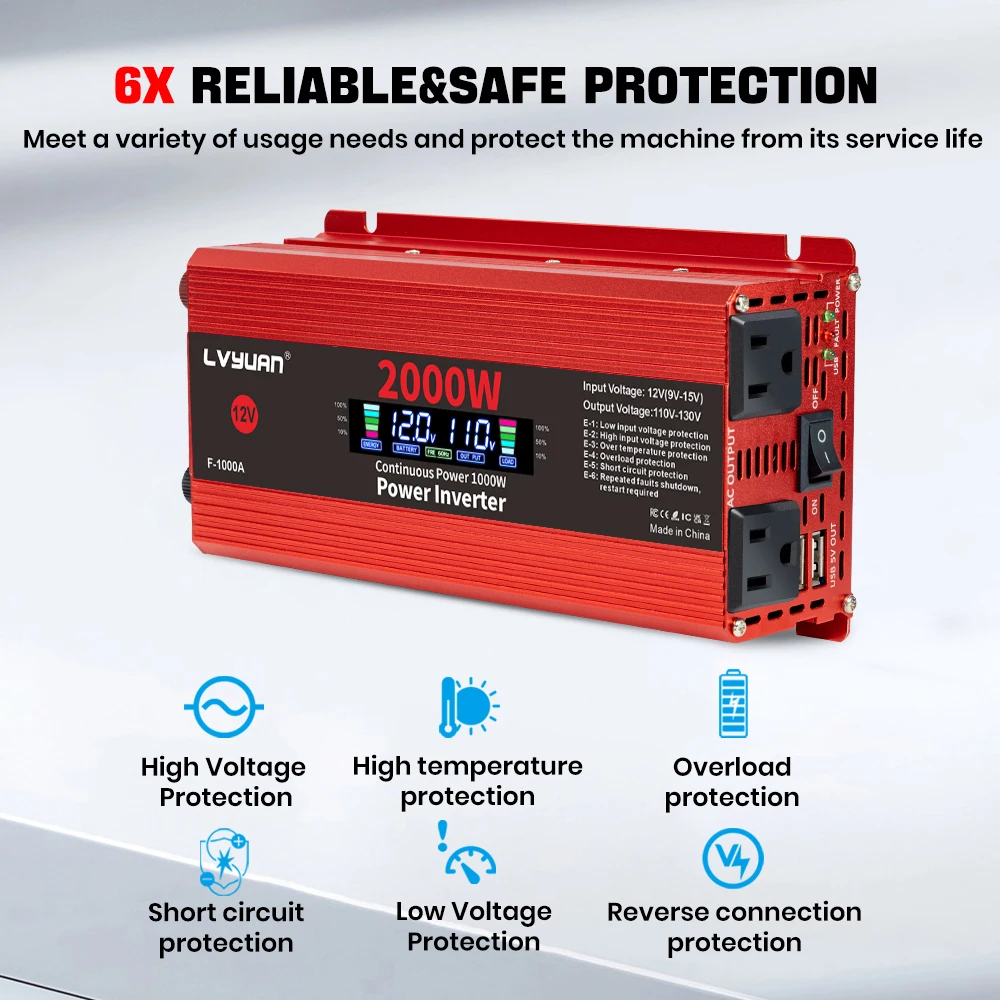 محول السيارة عاكس الطاقة تيار مستمر 12 فولت إلى التيار المتناوب 110 فولت محول LCD 1500-2600 واط المزدوج USB شاشة الكريستال السائل العاكسونات الشمسية بنك الطاقة المحمولة #3