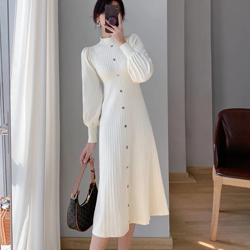 

2023 Autumn Winter Half High Neck Knitted A-line Dresses Women's Button Long Sleeve Sweater Dresses Casual Fashion Slim Dresses