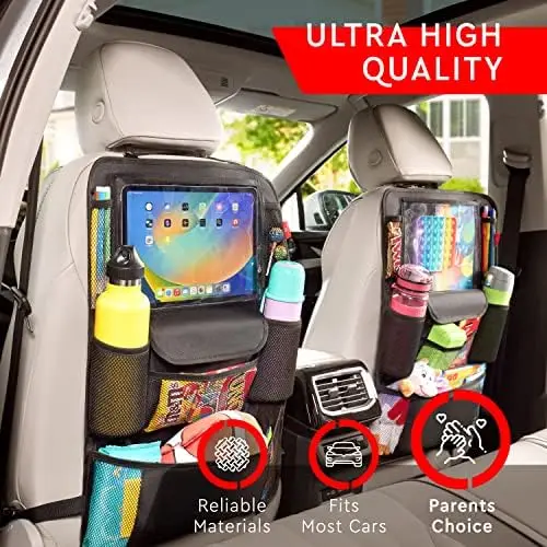 

Helteko Ultra Car Seat Organizer 2 Pack - Waterproof Backseat Storage with Tablet Holder & Kick Mats, Black