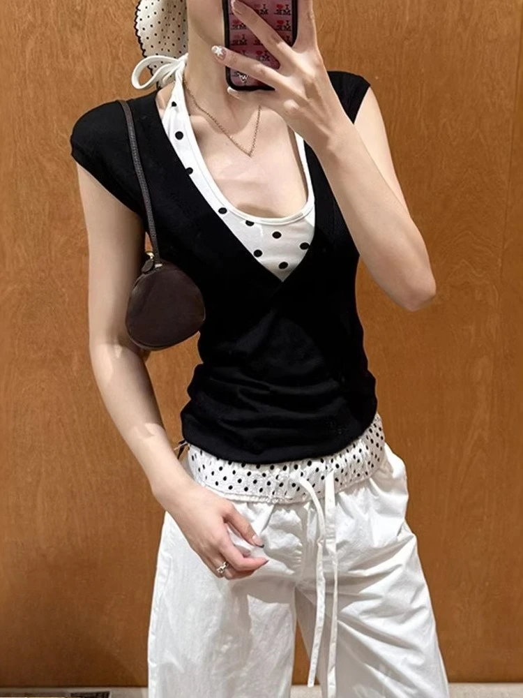 Summer Clothing 2 Piece Sets For Women Wave Point Halter Fashion Vest + Korean Slim Fit All Match Tshirts Korean New Casual Suit