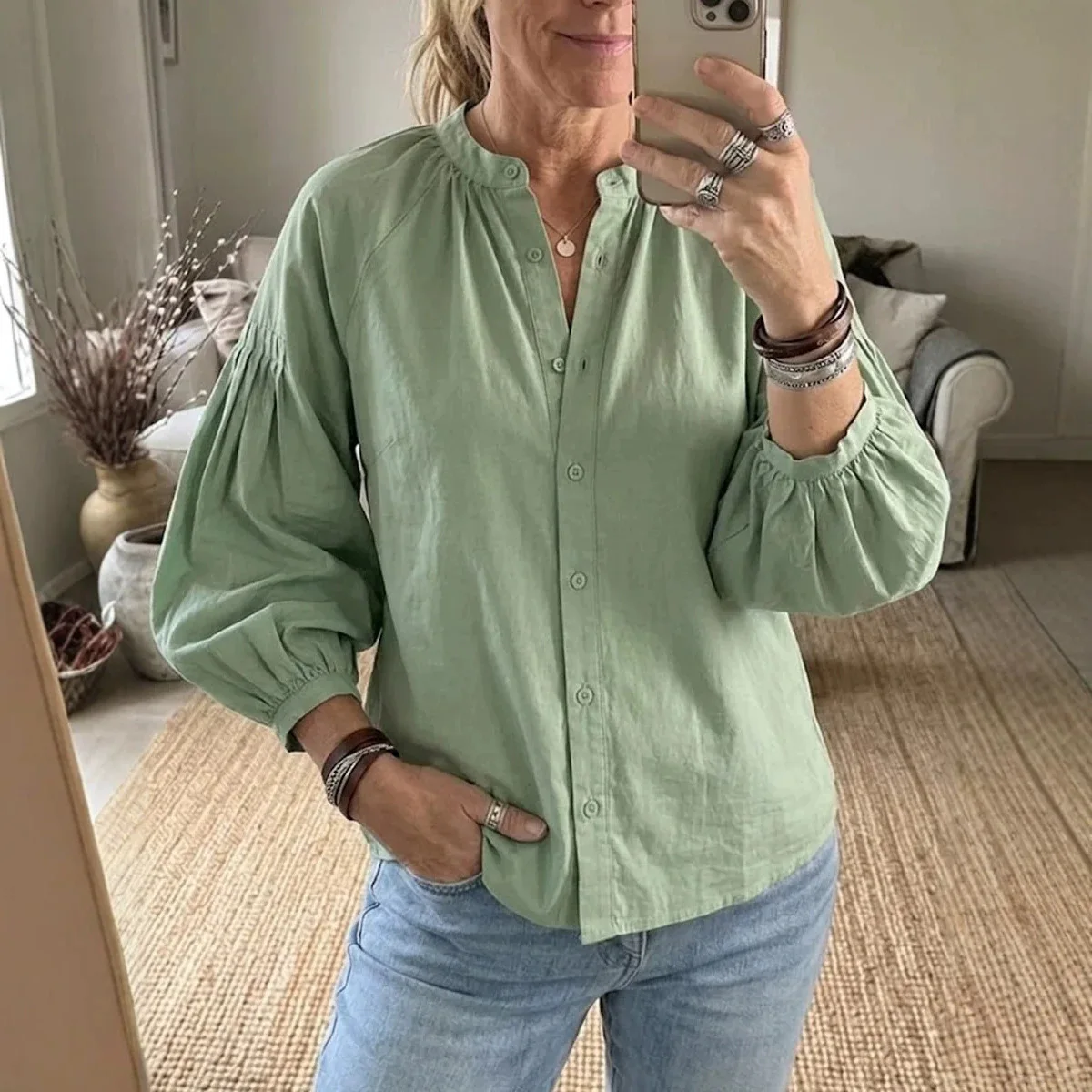 2026 Summary New Style Stand-up Necklace Full Open Placket Raglan Puff Three-quarter Sleeve Loose Random Single-breasted Women's