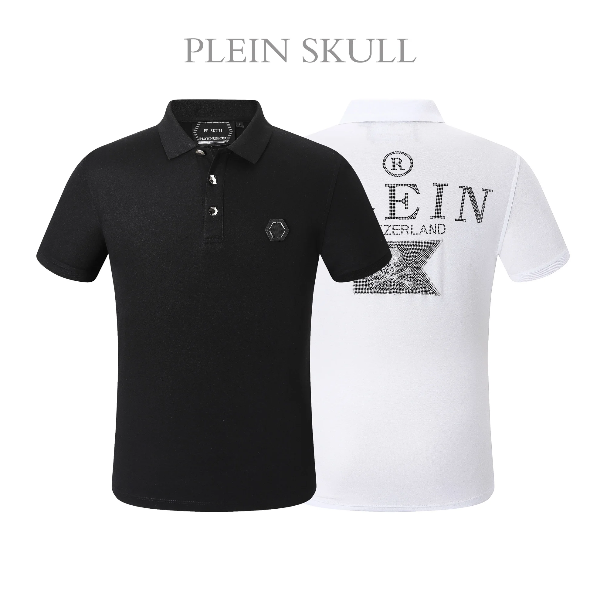 PLEIN SKULL Men Breathable Turn down Collar T-shirt Trendy Brand Summer Punk Slim Short Sleeve Unisex Casual Sports Business Tee