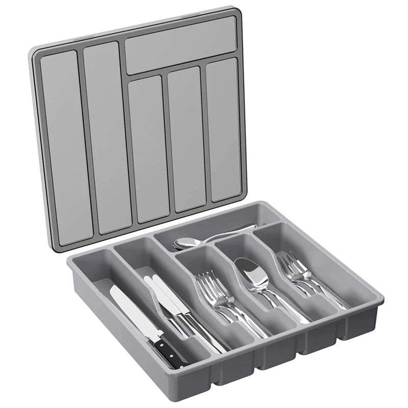 Silverware Organizer with Lid,Covered Utensil Tray for Kitchen Drawer and Countertop, Plastic Cutlery and Flatware Gray