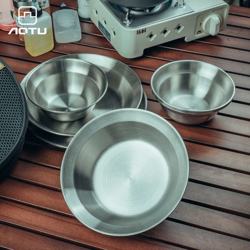 Outdoor Stainless Steel Dining Plates and Bowls Set, Camping Portable Tableware, Picnic Barbecue Meat Dish, 8Pcs, 12Pcs