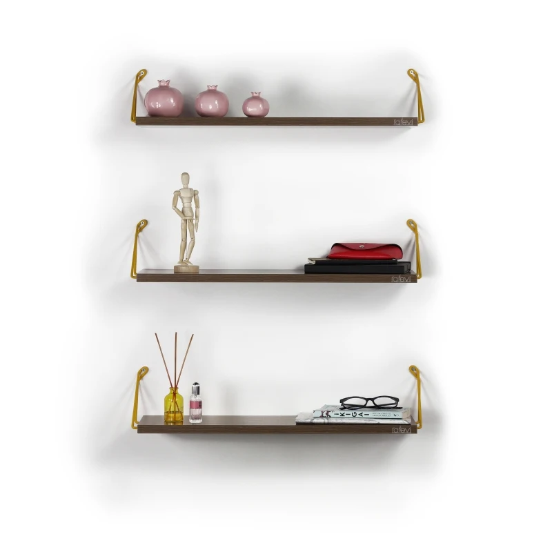 

Altai Floating Wall Decor Wall Mounted Rustic Decorative Hanging Metal Bracket Triple Shelfs for Books, Walnut/Yellow