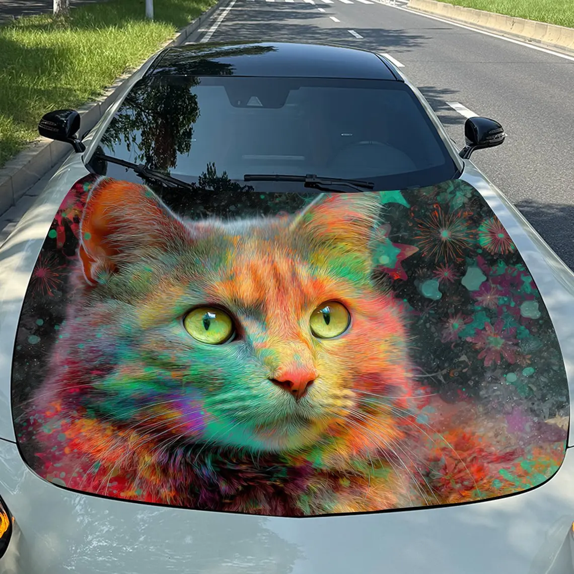 

Car Decals Vibrant Colorful Cat with Striking Multihued Fur Car Hood Sticker, Waterproof Self - Adhesive Vinyl Graphics Decals,