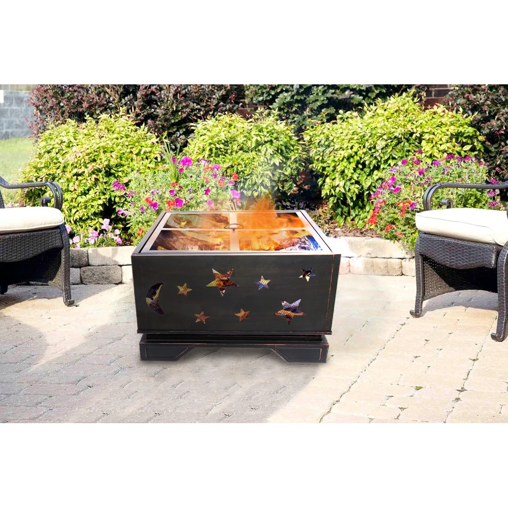 26 Inch Square Fire Pit with BBQ Grill, Outdoor Wood Burning Firepit with Poker, Large Burning Space Fireplace for Patio Garden