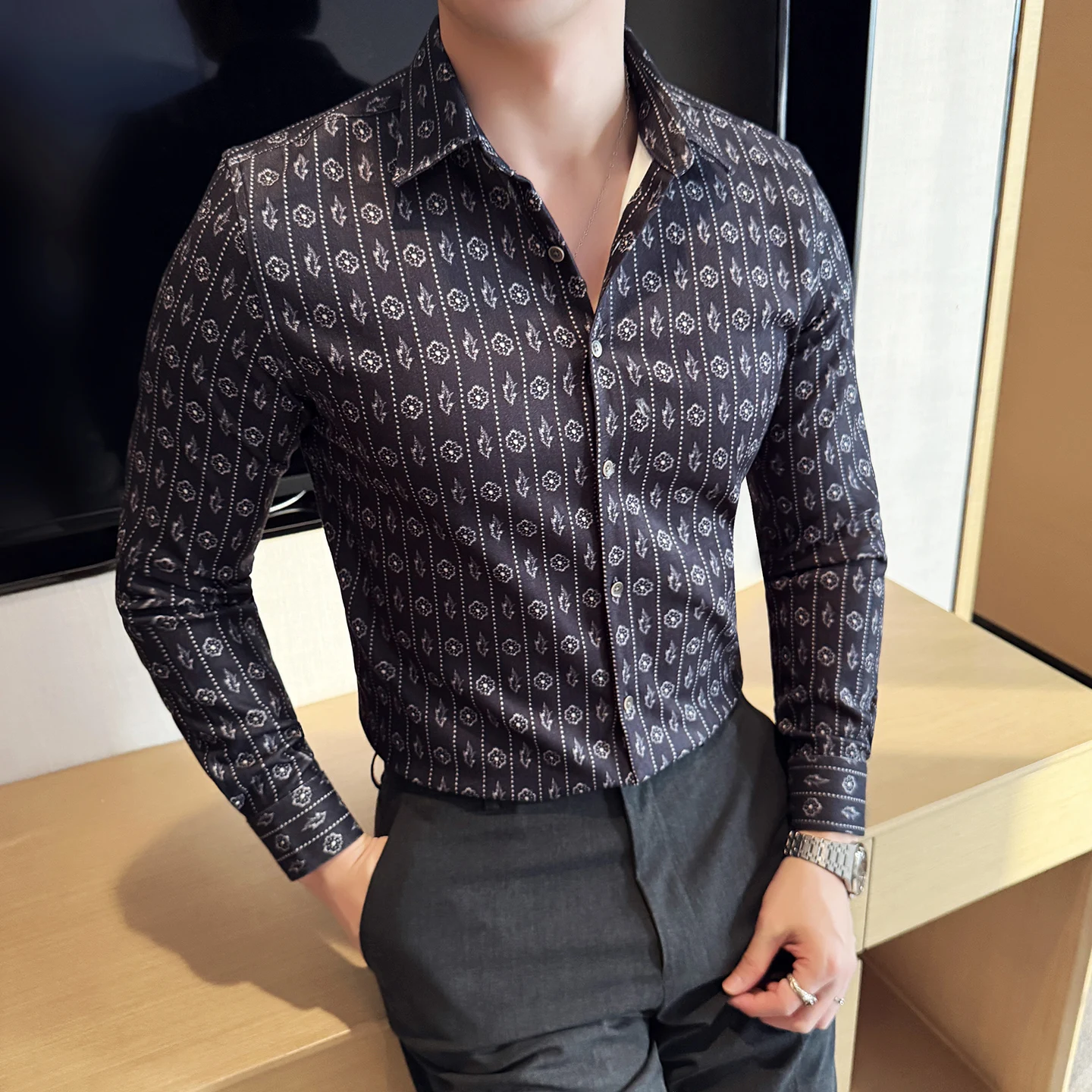 

Замшевая осенне-зимняя толстая мужская рубашка с длинными рукавами и принтом, модная повседневная роскошная облегающая рубашка с принтом в стиле ретро 4XL-M