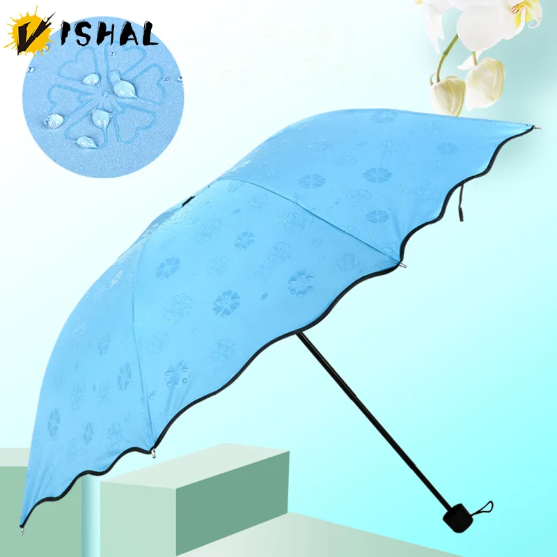 VISHAL Flowering in Water Umbrella for Women Thickened Black Glue Folding Anti-UV Sun/Rain Umbrella Hand Movement Sunshade Tool