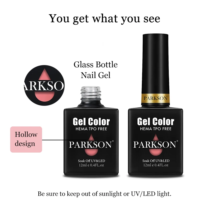 ยาทาเล็บเจล Parkson 12 มล. ปราศจากสาร TPO และ HEMA แบบกลิตเตอร์ กึ่งถาวร ลอกออกได้ด้วยน้ำยาล้างเล็บ ใช้กับหลอดไฟ UV/LED ติดทนนาน พร้อมท็อปโค้ทวิ้นิชเนื้อเพชร