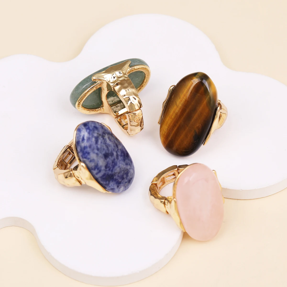 

Natural Gemstone Ring Adjustable Oval Tiger's Eye Rose Quartz Green Aventurine Natural Stone Ring Party Jewelry Anniversary gift