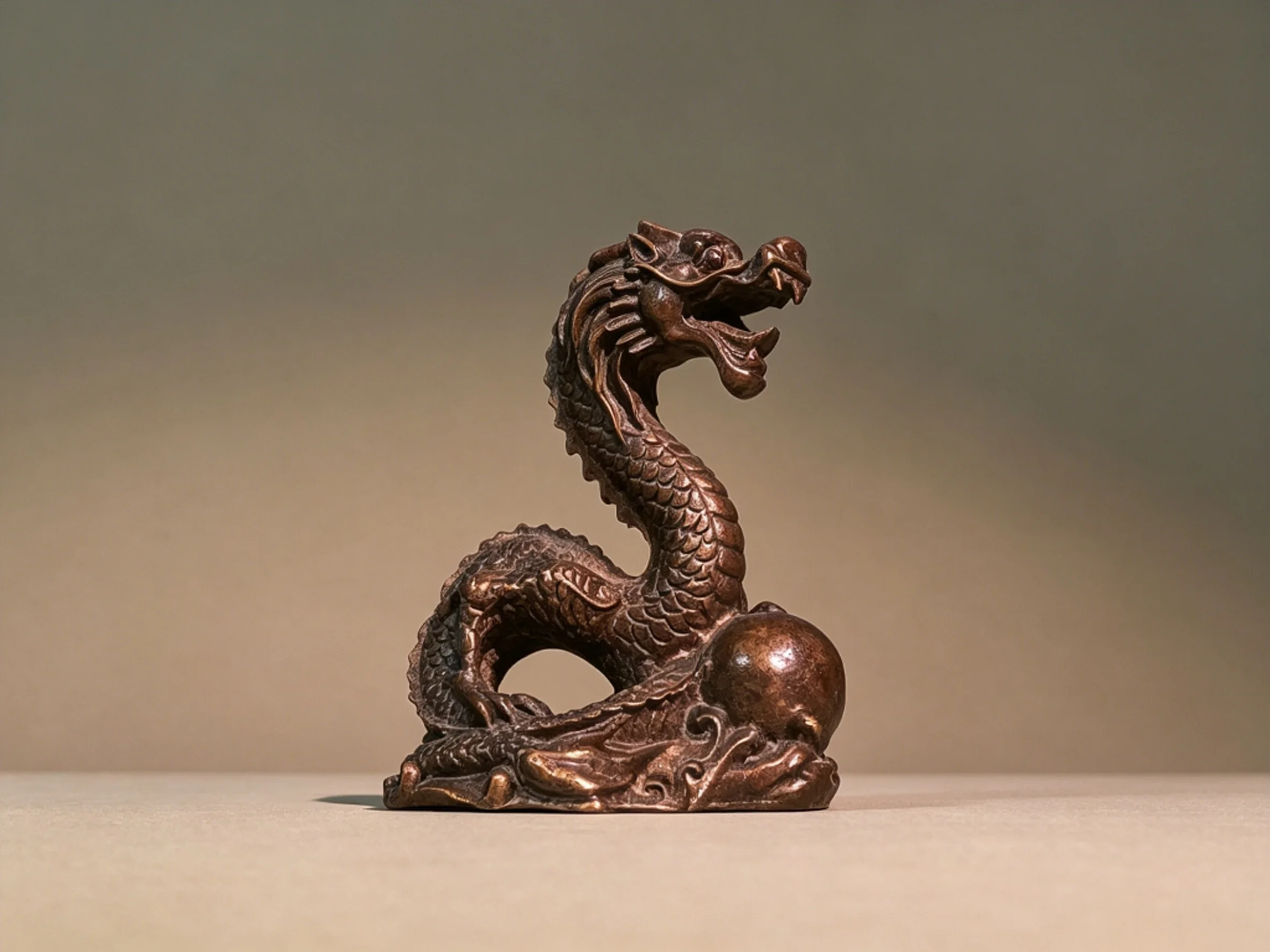 Vintage Pure Copper Chinese Zodiac Dragon Ornament, Desktop Decor for Living Room & Office