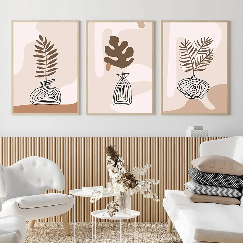 Abstract Line Potted Plant Canvas Art Poster Prints Color Block Leaves Wall Decorative Picture for Living Room Bedroom