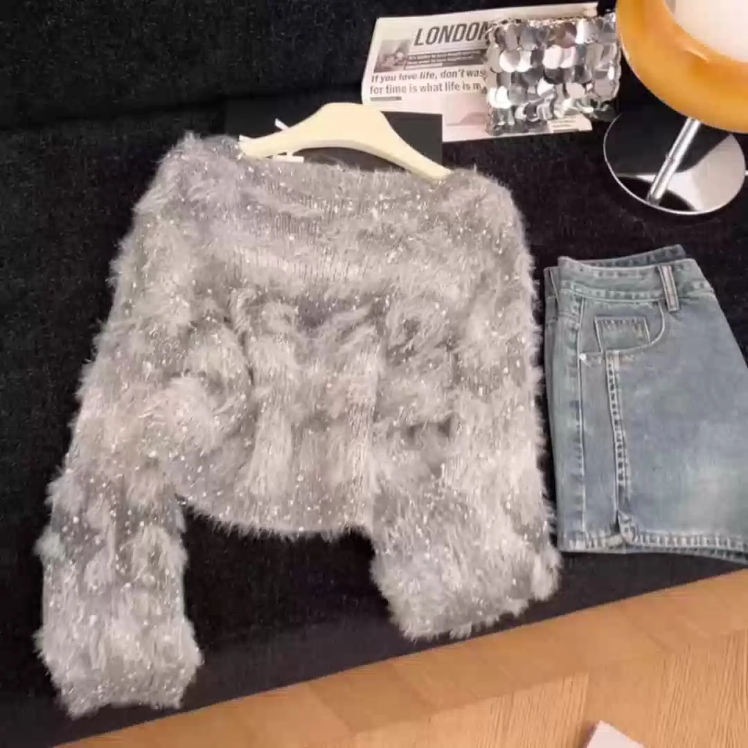 

Women's Grey O-Neck Mohair Pullover Sweater Korean Style 2000s Vintage Long Sleeves Cozy Cashmere Sweater For Women Clothes 2025