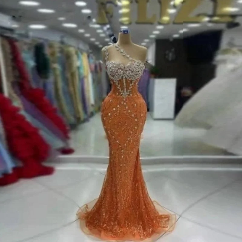 Gorgeous Prom Dresses Mermaid Orange robe de soiree Tulle Beading Evening Dress Dubai Crystal Prom Gowns Sweetheart