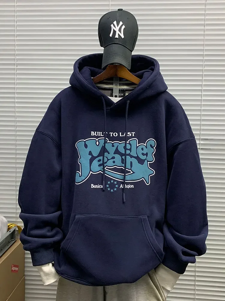 Moletom Masculino com Capuz de Lã Grossa, Quente e Confortável, com Estampa de Letras, Estilo Streetwear, Pulôver Esportivo, Casaco