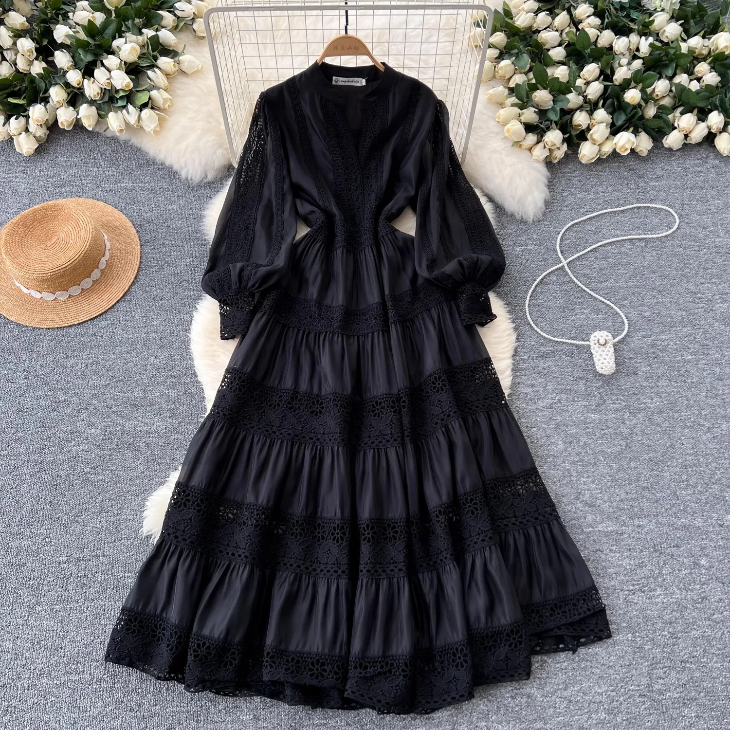 French Elegant Lace Embroidery Prom Long Dress Women's V Neck Lantern Sleeve High Waist Hollow Out Evening Party Robe Clothing