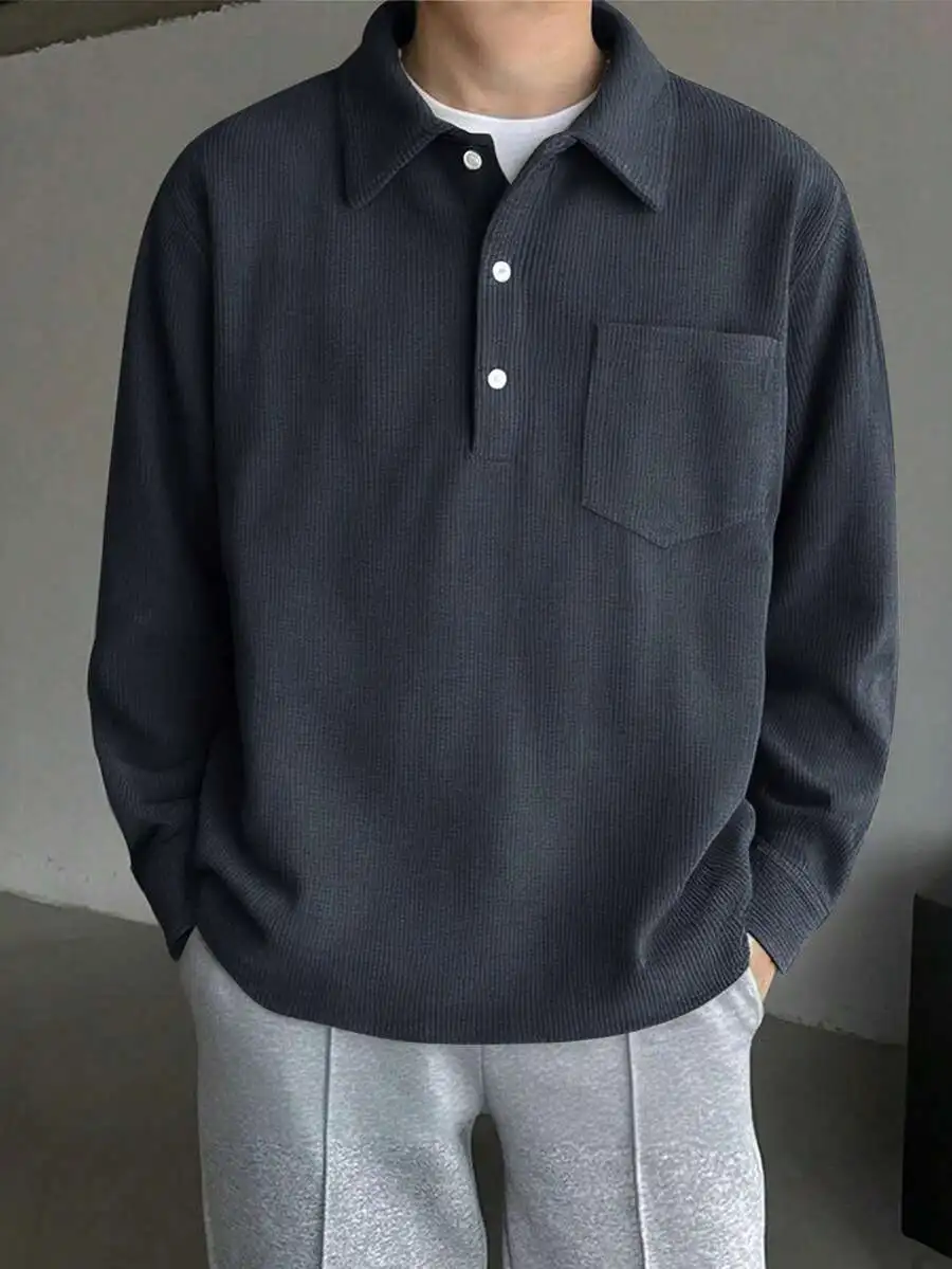 

Мужская рубашка-поло из вельвета цвета антрацит с отложным воротником, свободного кроя, с длинным рукавом, повседневный топ для весны и осени