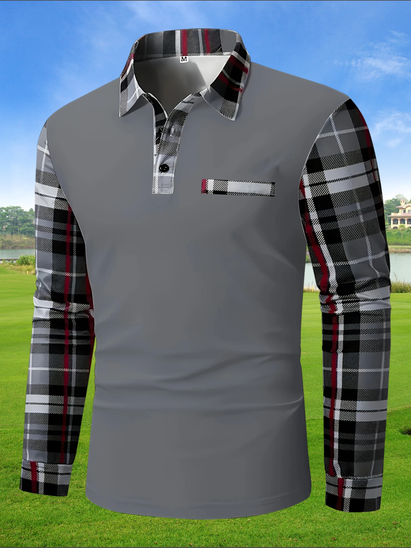 New Men's Long Sleeved Polo Shirt, Fashionable Color Blocking Checkered T-Shirt, Street Versatile Sports T-Shirt