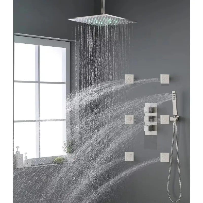 Thermostatic Shower System Light Emitting Diode Shower System Bathroom Shower Faucet with Body Jet Mixer Set and Slider