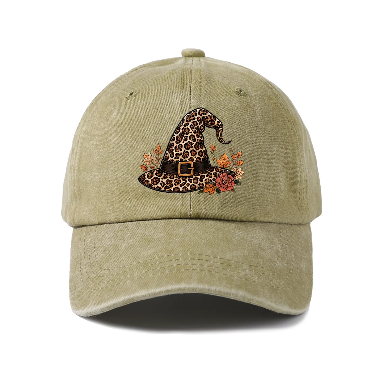 Leopard Witch Hat Graphic Baseball Cap, Vintage Washed Adjustable Unisex Dad Hat, Streetwear Gift
