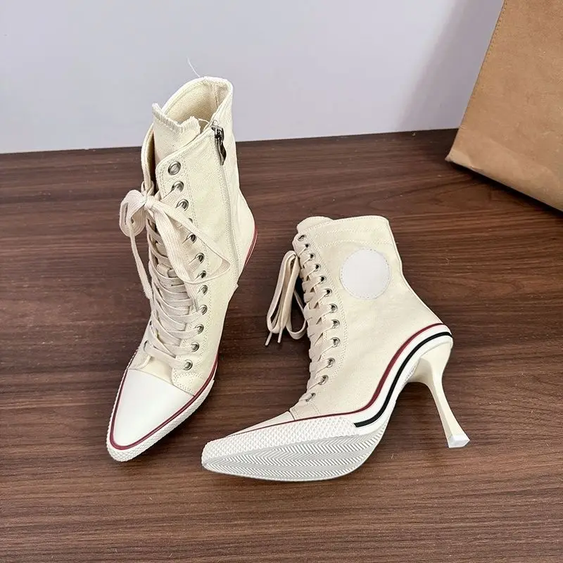 Y2K Girl's Shoes Designer High Heels Sports  Lace-up Canvas Shoes for Women Casual High-top Zipper Fashion Pointed Tip High Heel view 5