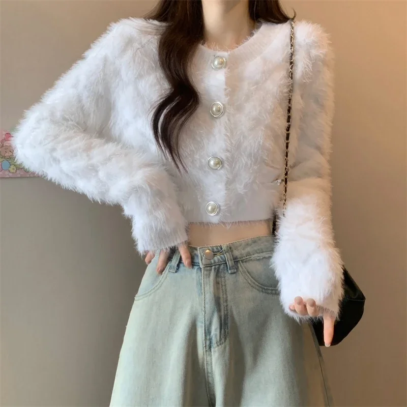 Kimotimo Knitted Cardigan Women 2024 Autumn Winter Round Neck Slim Short Plush Sweater Solid Long Sleeve Gentle Sweet Y2k Tops