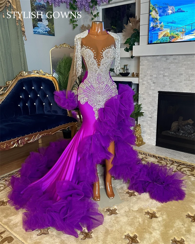 Purple Long Prom Dresses Luxury Black Girls Rhinestone Tassel Birthday Dress Ruffles Split Long Sleeve Evening Gown Customized