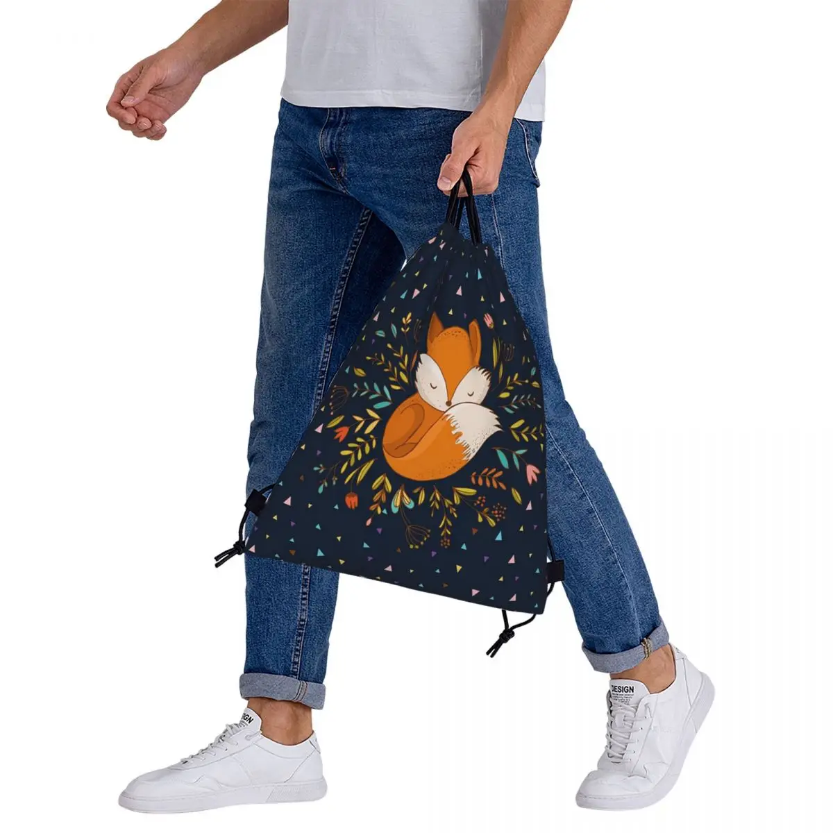 Mochila con cordón para hombre y mujer, bolsa de almacenamiento con diseño de zorro, flores y triángulos, bolsillo para libros, escuela