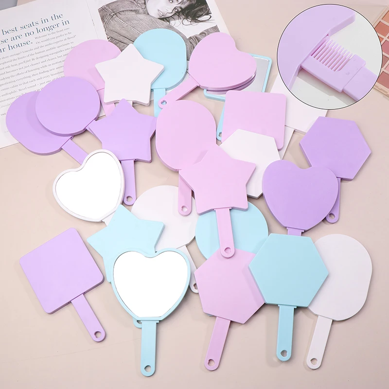 Macaron Color Makeup Mirror On Handle Mini Vanity Mirrors Hair Comb Integrated High Definition Portable Women Girl Cosmetic Tool