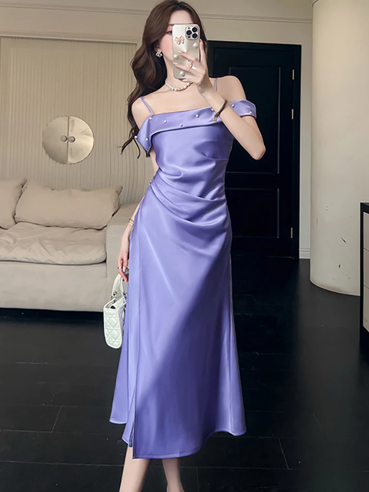 夏パープルサテンシックなビーズスリングロングドレス女性韓国ヴィンテージ高級ダンスパーティードレス 2025 エレガントなボディコンナイトドレス