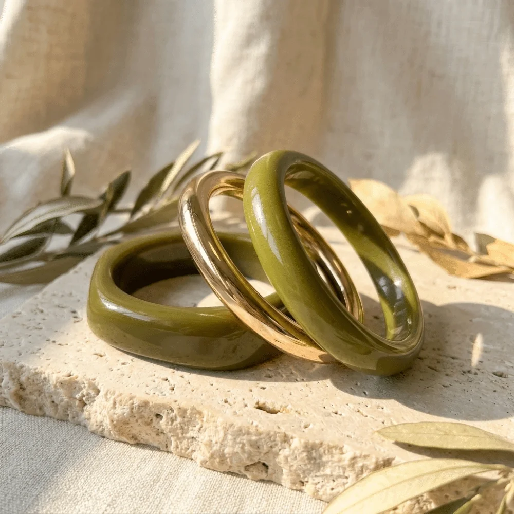 3pcs/set Alloy Resin Twisted Bracelet Irregular Olive Green Stackable Wrist Jewelry Round Minimalist Geometric Bangle