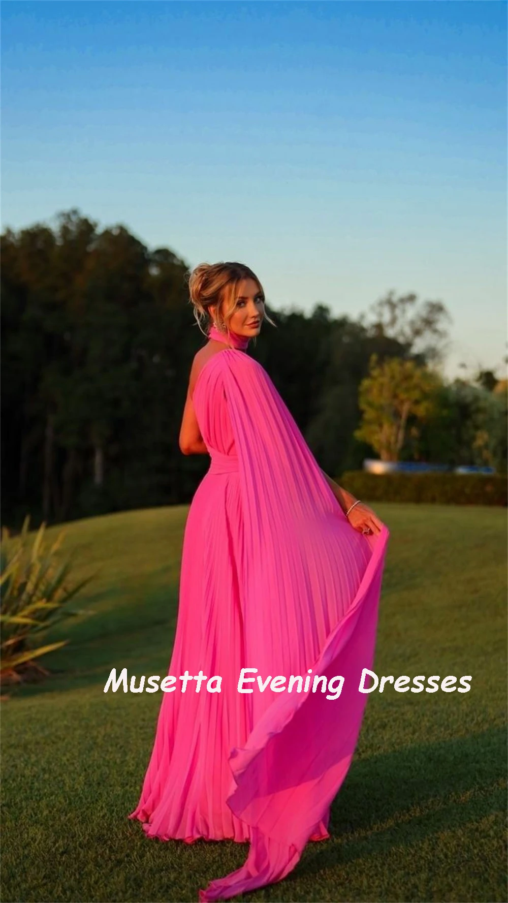 Musetta Sexy Fuchsia A-line Pleated Chiffon Prom Dresses One Shoulder Evening Party Dress Cape Sleeve Celebrity Gowns Customized