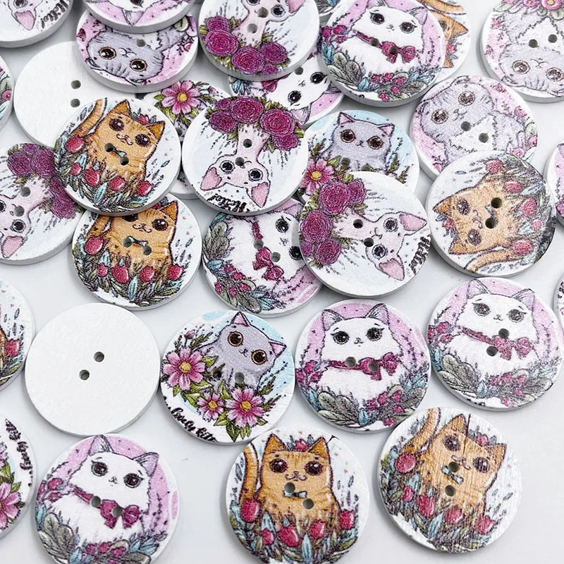 25pcs Cat Round Print Flower Series Wooden Button Handwork Sewing Scrapbooking Clothing Crafts Accessories Gift Card 25mm WB887