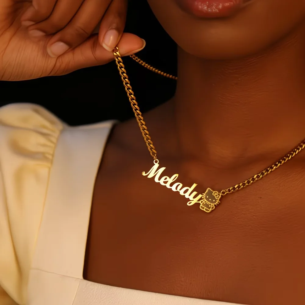 Carving Hello Kitty Custom Name Pendant Necklace For Women Men Thick Cuban Chain Stainless Steel Sanrio Jewelry Birthday Gift