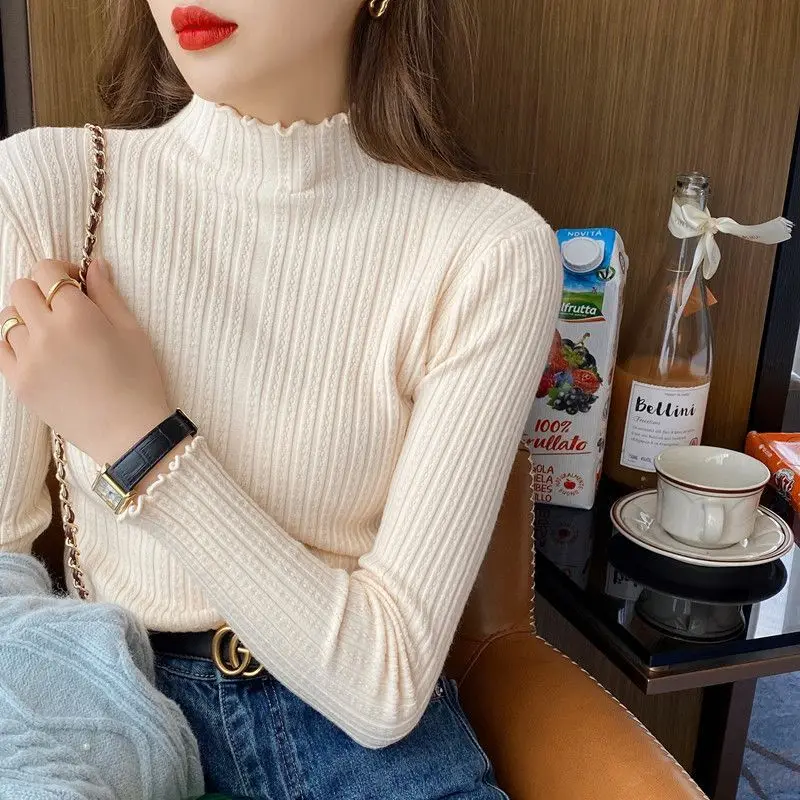 

Women Clothing Chic Stringy Selvedge Solid Knit Pullovers Autumn Winter Elegant Fashion Slim Long Sleeve Sweaters Sweet Pullover