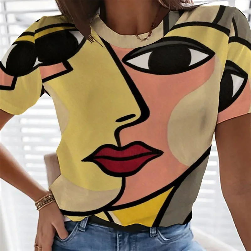 Fun Human Face Summer Women Short Sleeves Fashion Tops Girl Street Slim Rond Neck Graphs T Shirt XS-6XL Women Tee Shirts Clothes