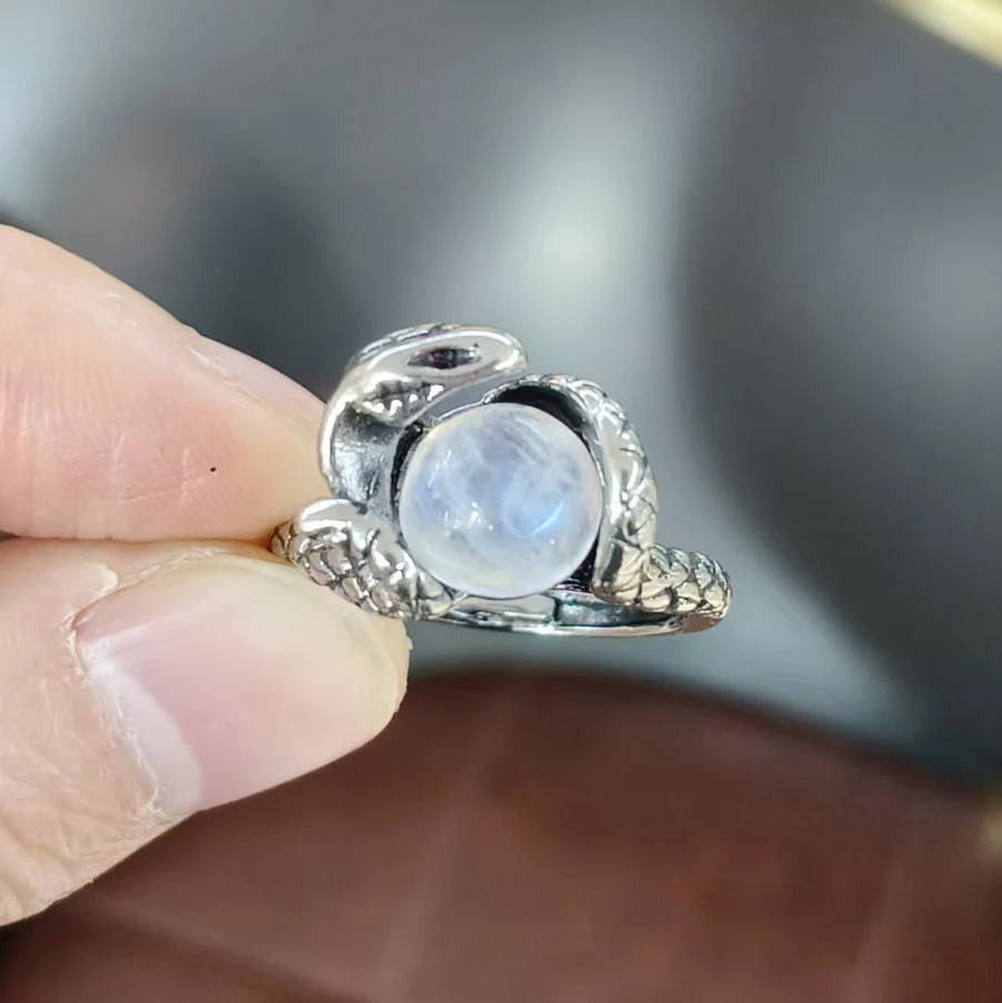 100% natural moonstone Gemstone labradoritec Retro style Ring Women\'s men adjustable copper silver plated ring Party Jewelry