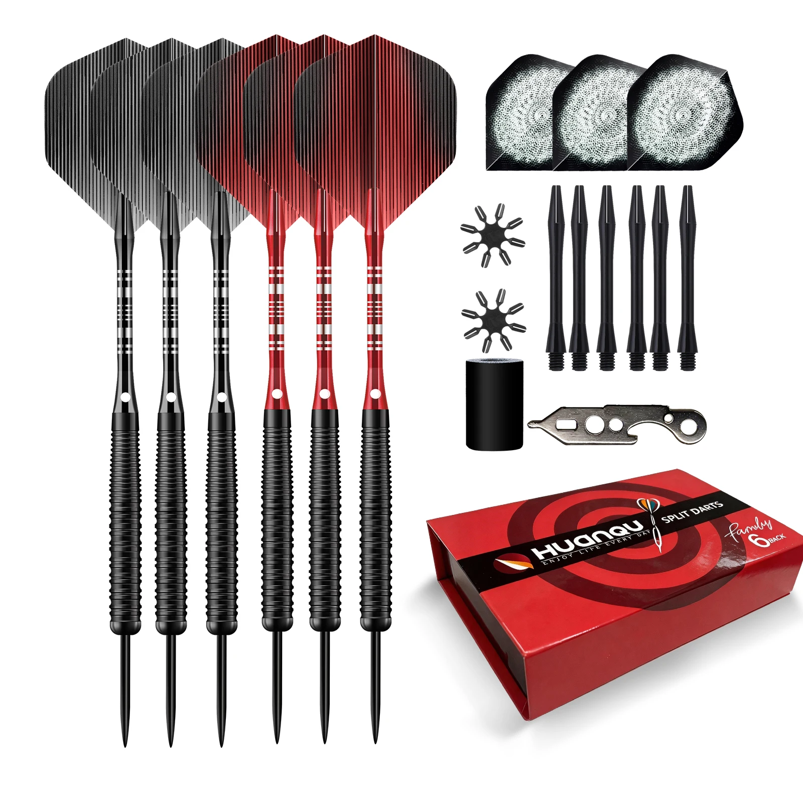 

Набор из шести железных дротиков Huanqu весом 19 грамм, с дополнительными тремя лезвиями и 6 стержнями для дротиков, можно свободно комбинировать, в комплекте инструмент для заточки дротиков, защитные накладки на лезвия, точилка для наконечников дротиков,