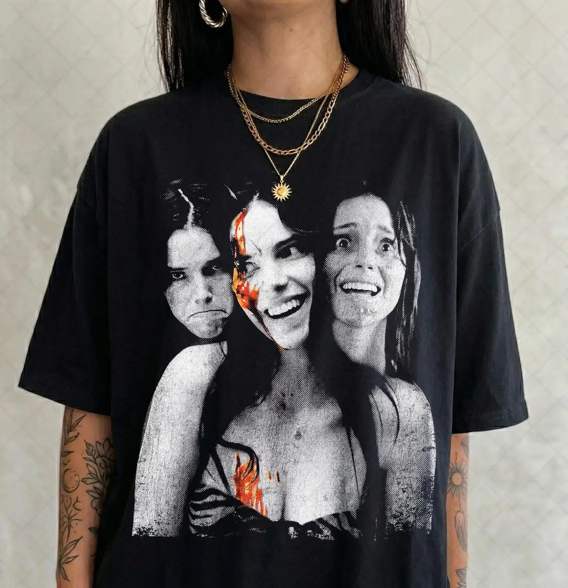 Vintage Safer At Home Horror Movie Three Expressions Print T-shirt Oversized Loose Fit Gothic Street Style Short Sleeve Unisex
