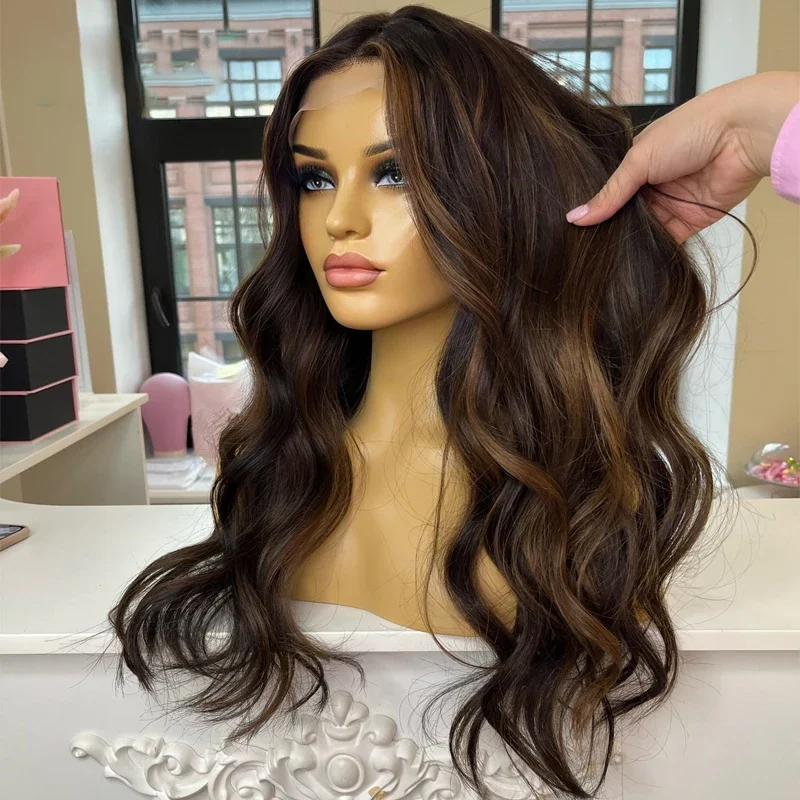 

Natural Long 26Inch Glueless 200Density Highlight Brown Wave Lace 5x5 Silk Base Human Hair Wig For Women BabyHair Preplucked