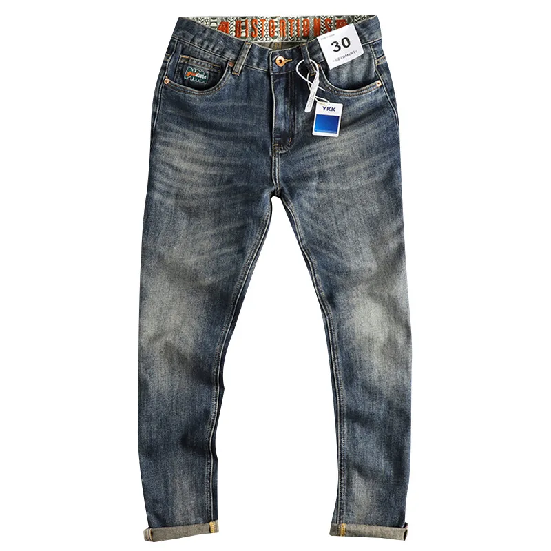 Waist Embroidery Design Heavy Retro Blue Washed Worn Jeans Men's Fit Pencil Pants High-End Trendy Trousers