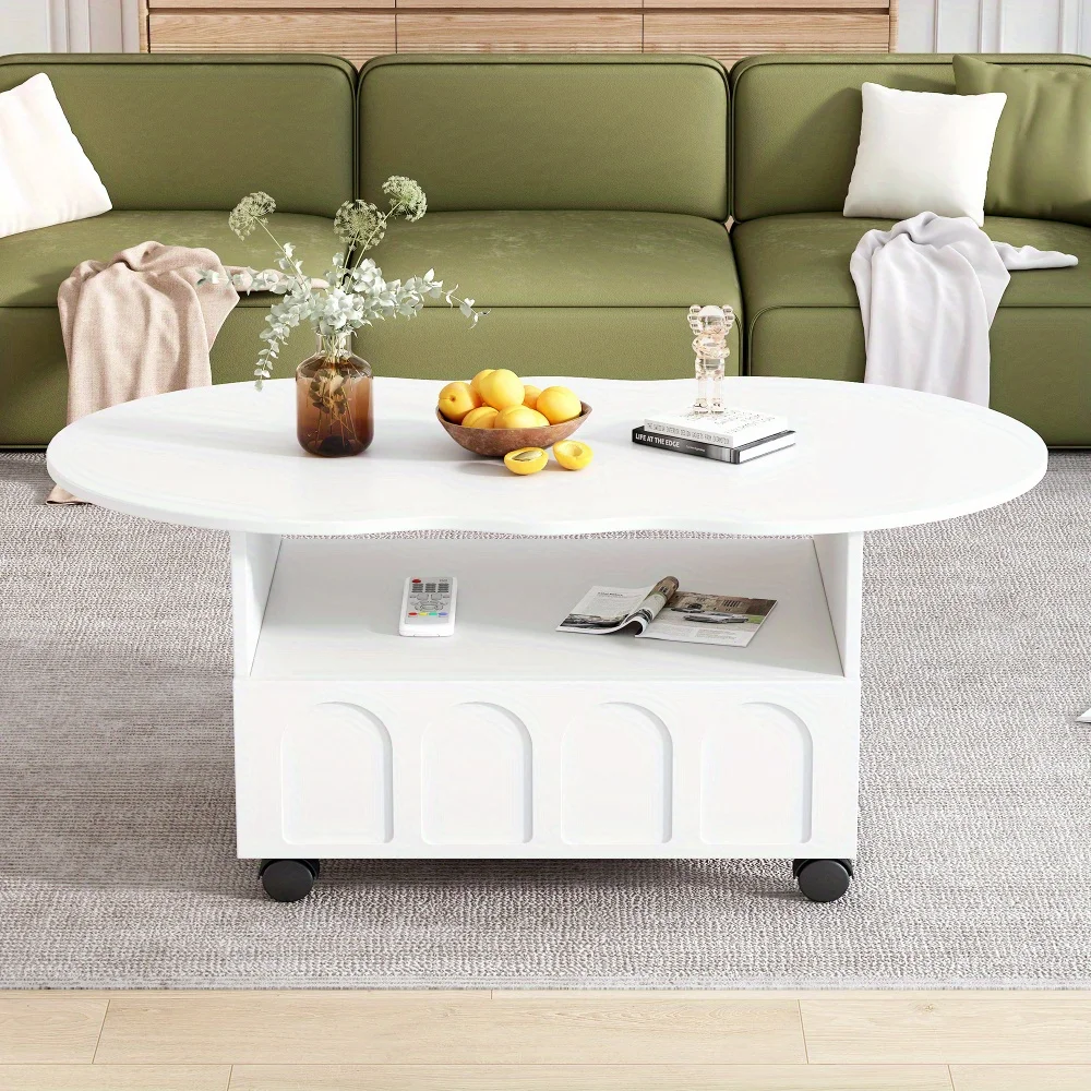 Modern minimalista creme estilo mesa de café, 2 rodas laterais gavetas, mesa central irregular, adequado para sala de estar, branco