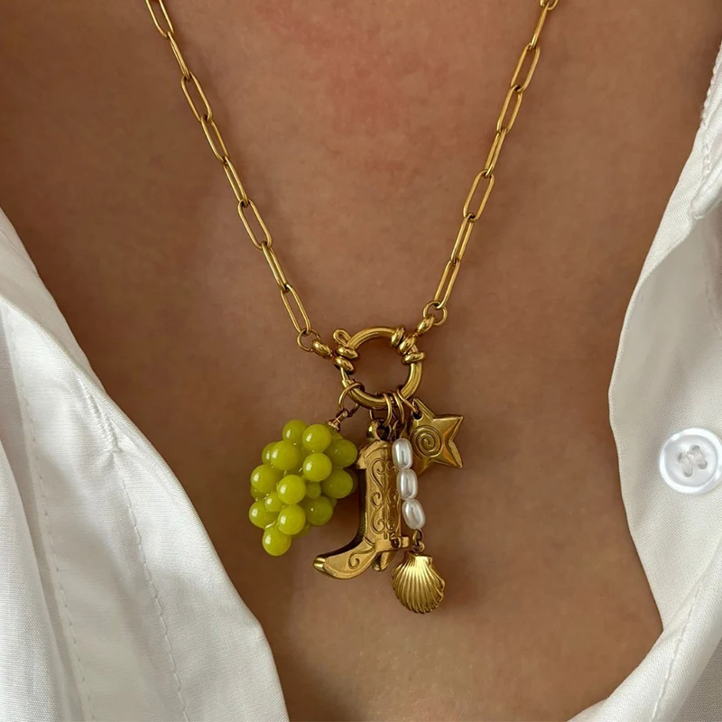 พริสก้า |   สร้อยคอไข่มุกดีไซน์เฉพาะตัวสำหรับผู้หญิง ทำจากสแตนเลสชุบทอง 18k เครื่องประดับน่ารัก กันน้ำ