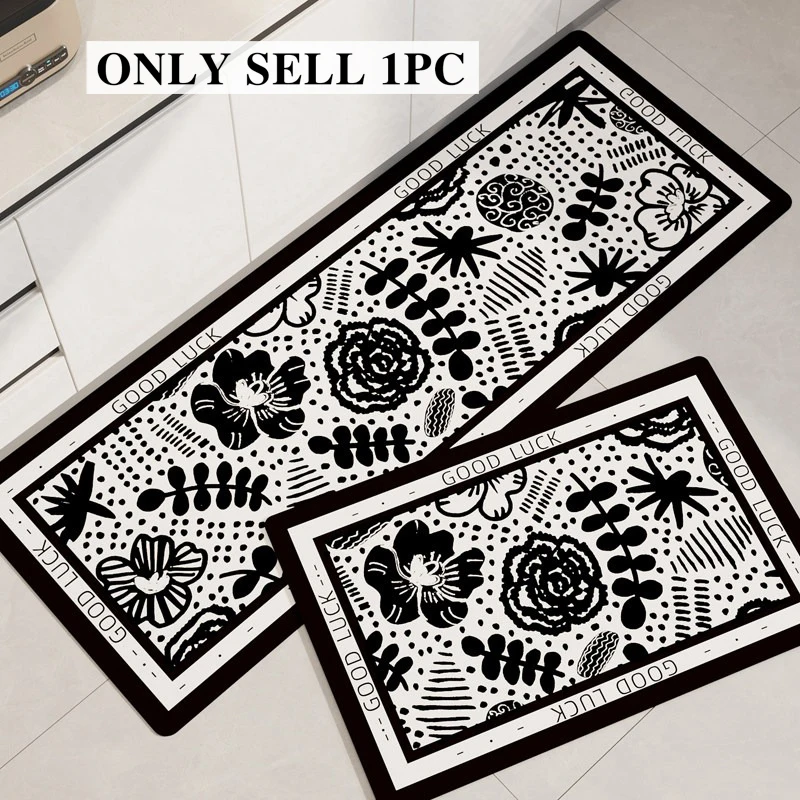 Kitchen Carpet Super Water Absorbent Floor Mat Long Non-slip Floot Mats Modern-styleBlack Floral-patterned Rug Home Decor Rugs