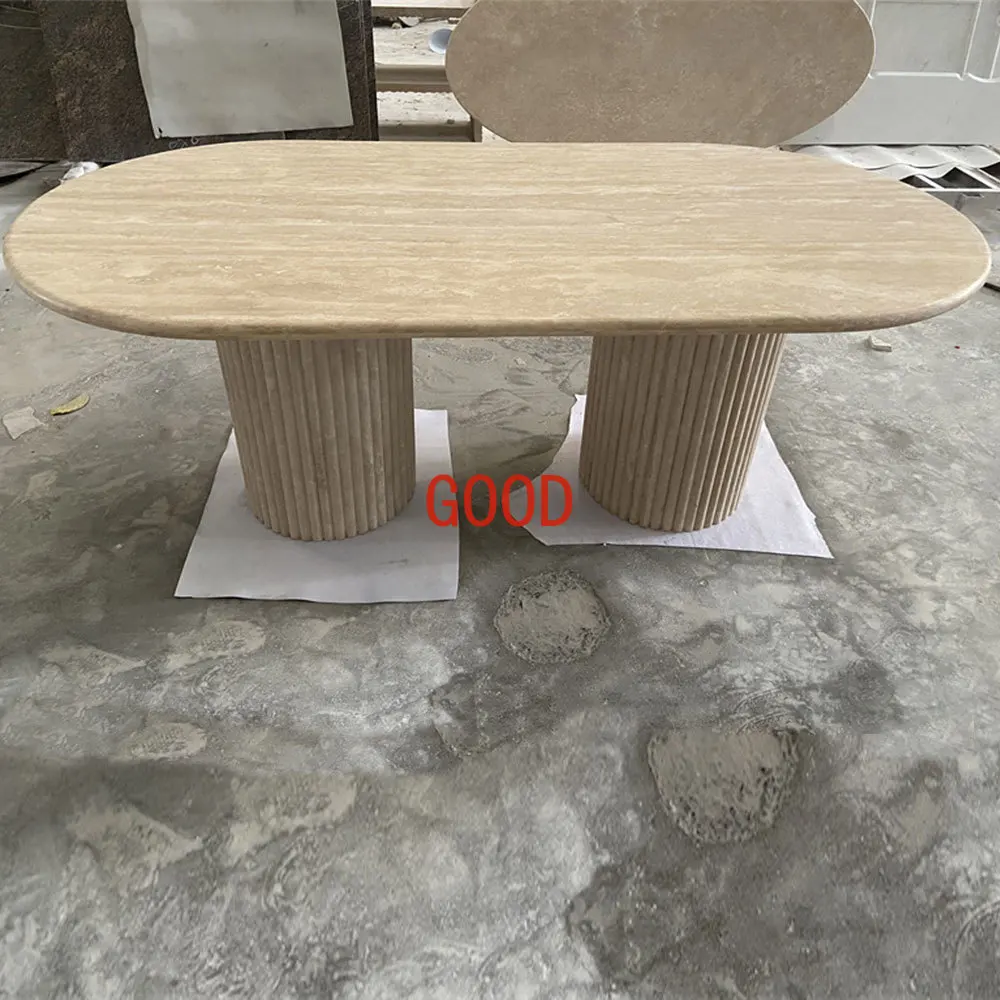 Home Decor Cava Fluted Oval Stone Table Beige Travertine Marble Dining Table With Tavertine Base