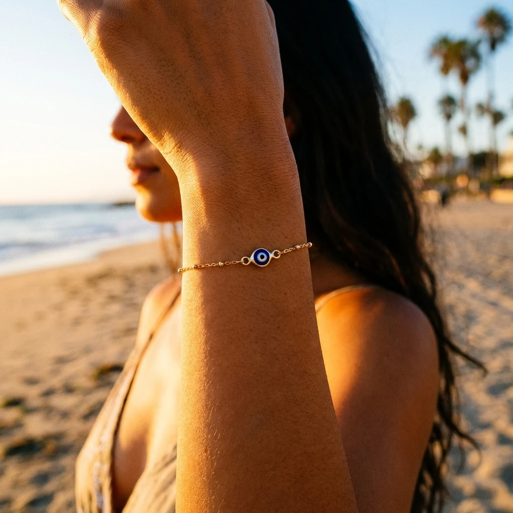 Lucky Evil Eye Inspired Bracelet for Women Blue Enamel Eye Charm Golden Tone Adjustable Wrist Jewelry Friendship Gift